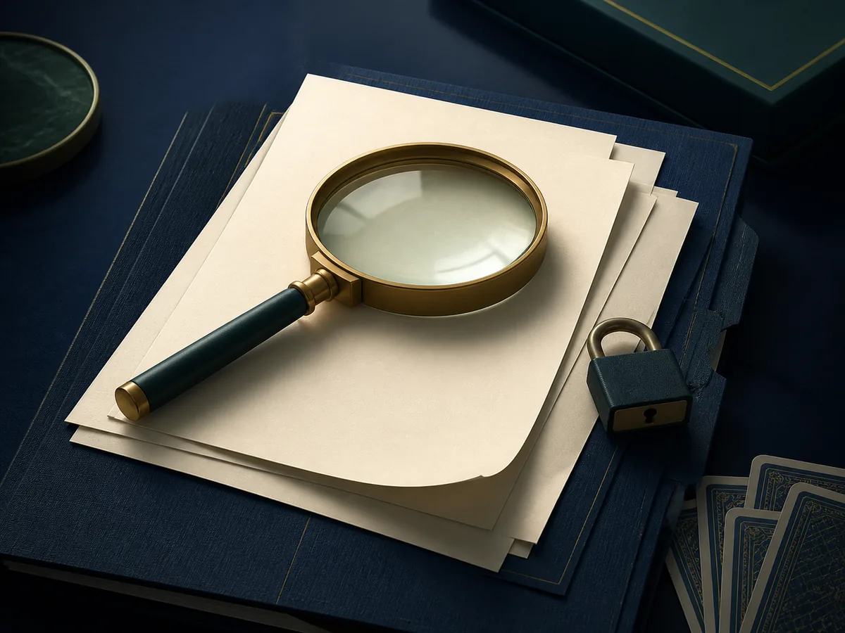 Lupa, documentos e cartas representando verificação de confiança