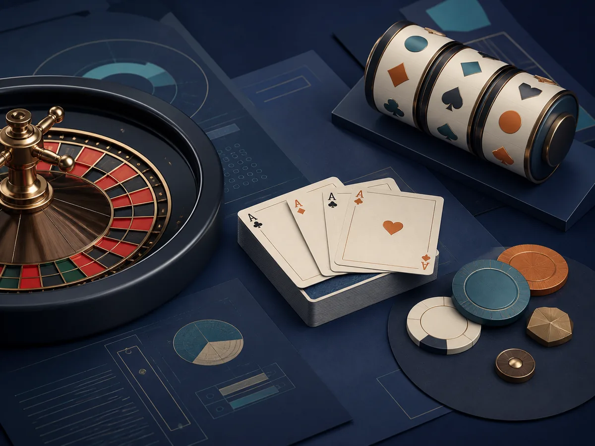 Elementos de roleta, cartas e slots representando categorias de jogos